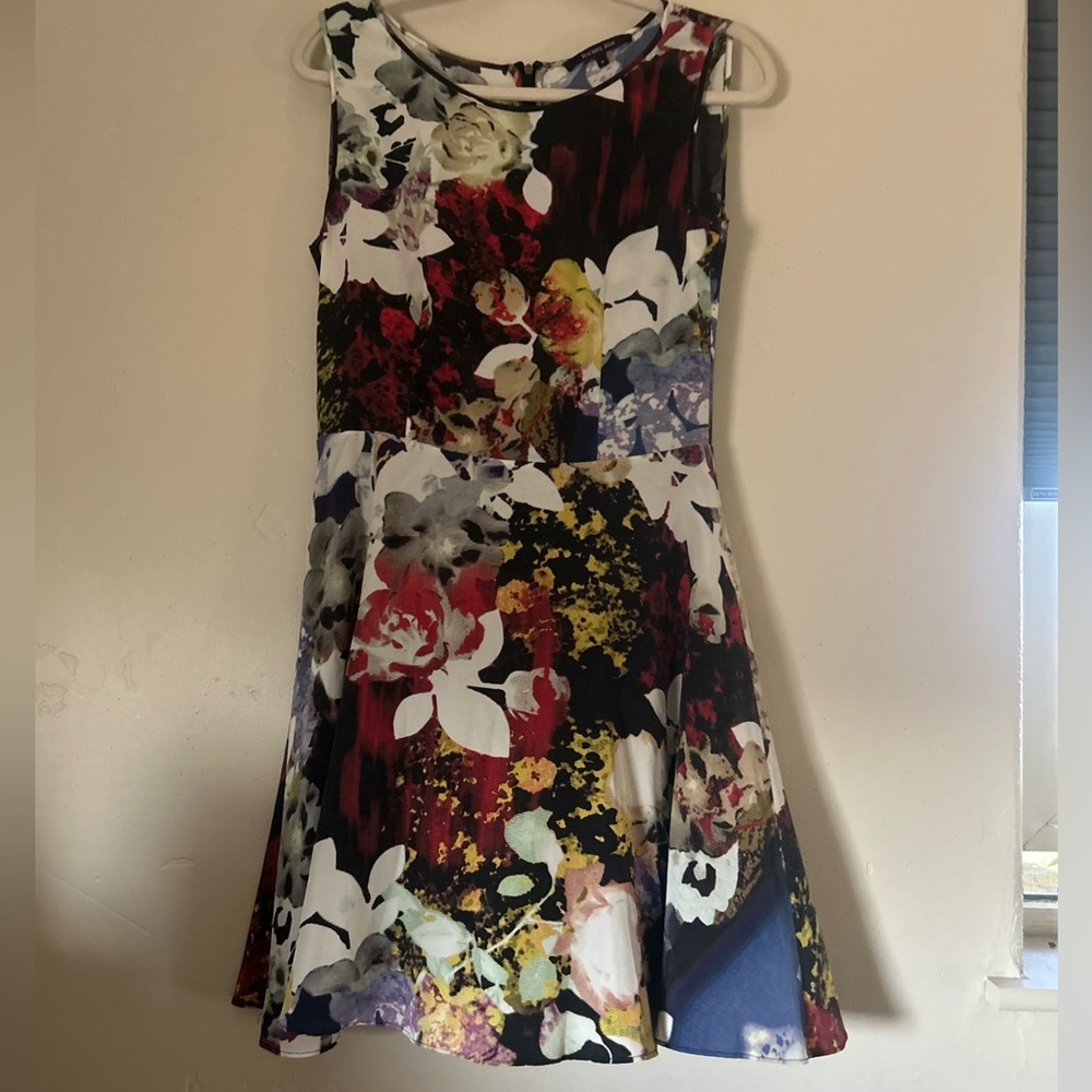 Rachel Roy Deep Color Floral Multicolor Fit-and-Flare Silk Dress Sz 8